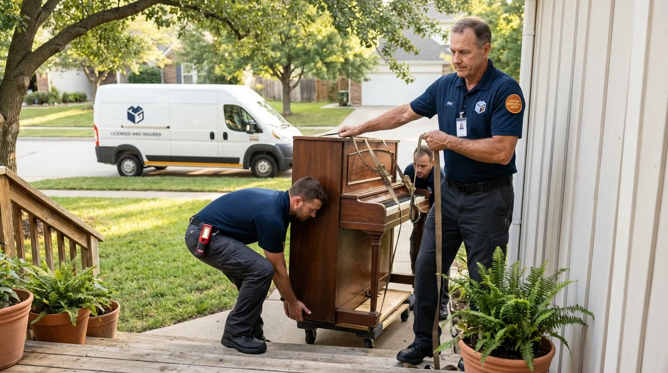 Licensed piano movers securing grand piano in Byron, IL