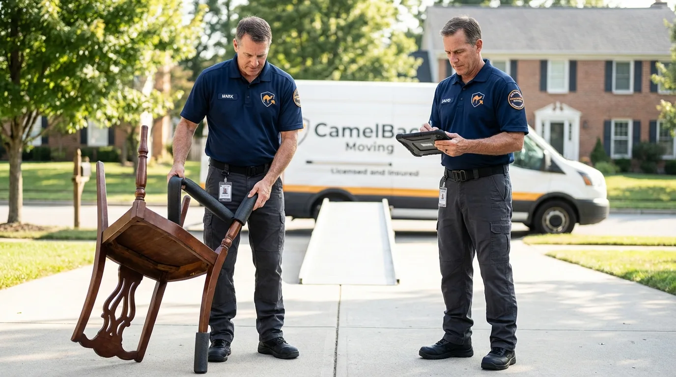 Movers inspecting furniture for damage prevention before loading in Byron, IL