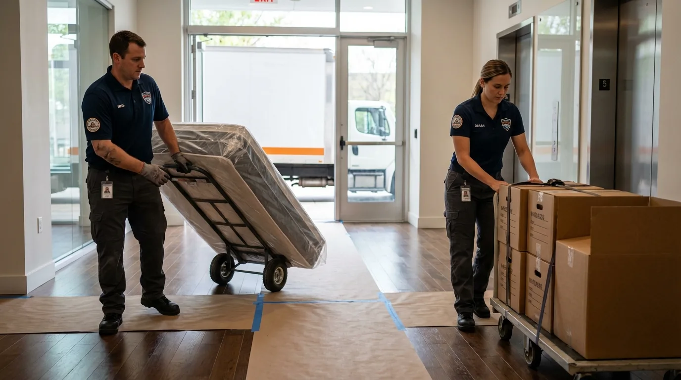 Professional apartment movers loading elevator in Byron, IL