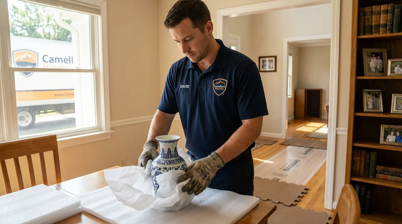 Professional crew carefully wrapping antique vase for senior downsizing move in Byron, IL